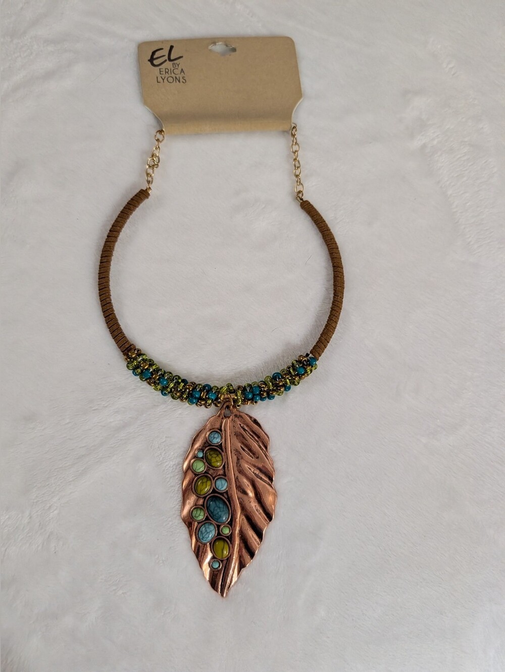 Erica Lyons Bold Statement Necklace, Copper Leaf Pendant and Blue-GreenE Accents